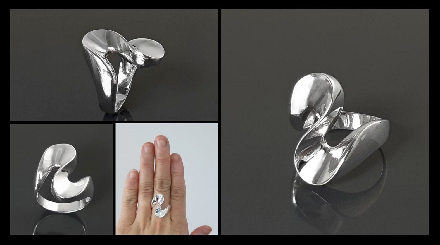 Large Wave Ring, Sterling Silver Ring Wide Curved Zigzag Design, Modern Minimalist Geometric Jewelry