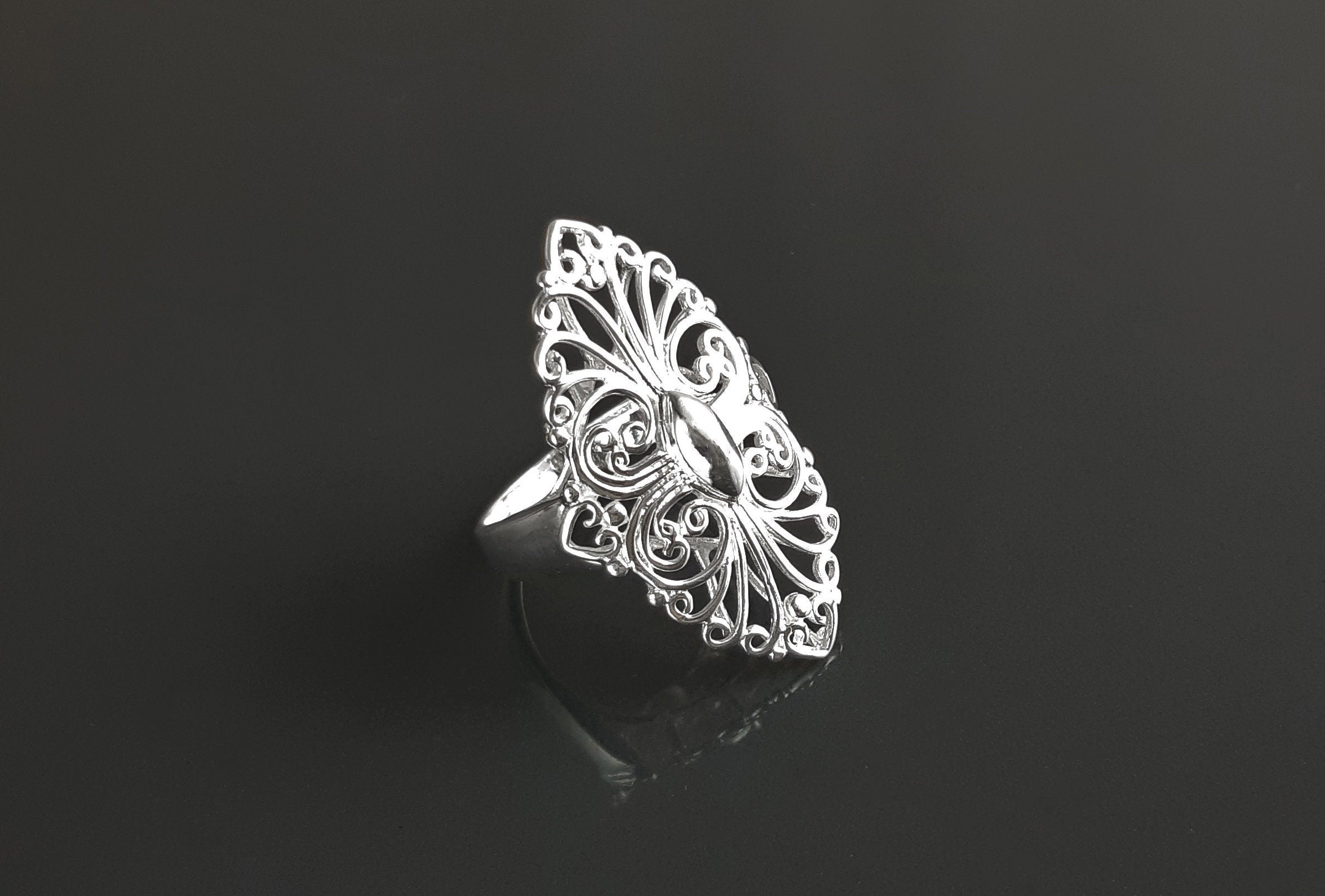 Sterling Silver Filigree Marquise Lace Ring, Vintage Inspired Design jewelry