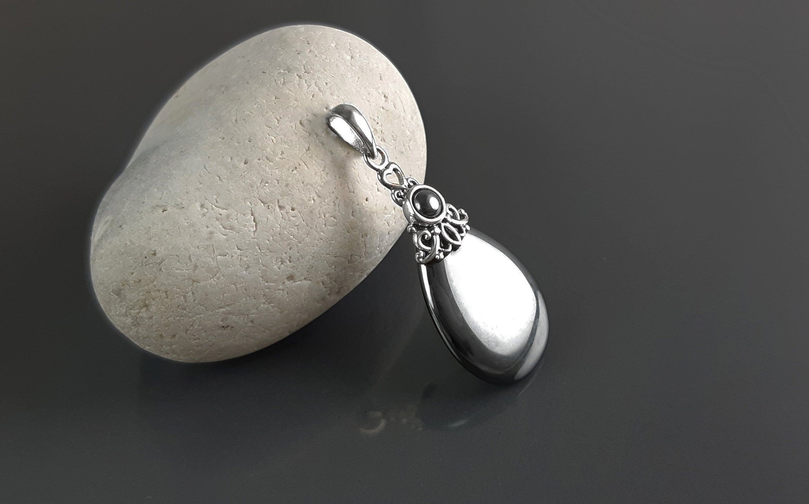 Art Deco Pendant - Sterling Silver, Filigree Pendant, Genuine Grey Hematite Stone, Vintage Style Boho Necklace, antique chic jewelry