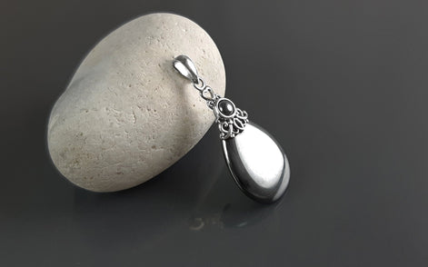 Art Deco Pendant - Sterling Silver, Filigree Pendant, Genuine Grey Hematite Stone, Vintage Style Boho Necklace, antique chic jewelry