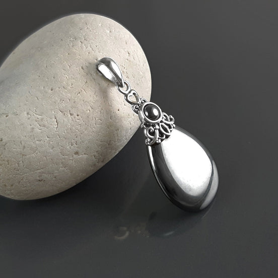 Art Deco Pendant - Sterling Silver, Filigree Pendant, Genuine Grey Hematite Stone, Vintage Style Boho Necklace, antique chic jewelry