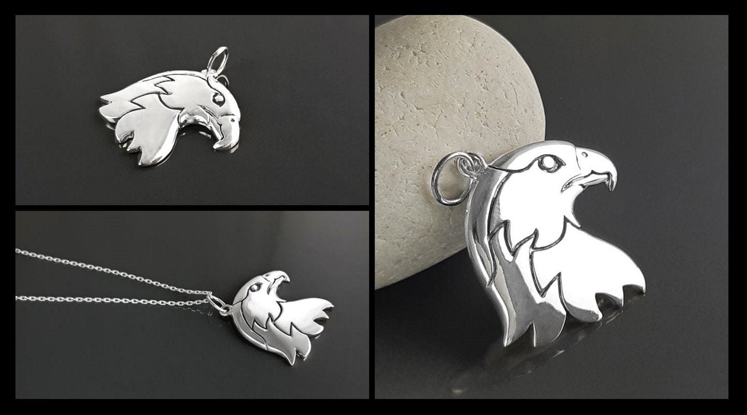 Sterling Silver Eagle Head Pendant, American Biker Rock Jewelry