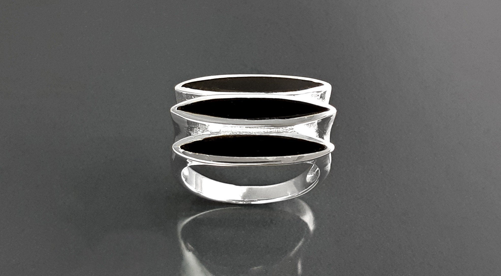 Sterling Silver Black Onyx Geometric Ring, Modern Design