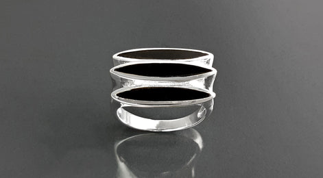 Sterling Silver Black Onyx Geometric Ring, Modern Design