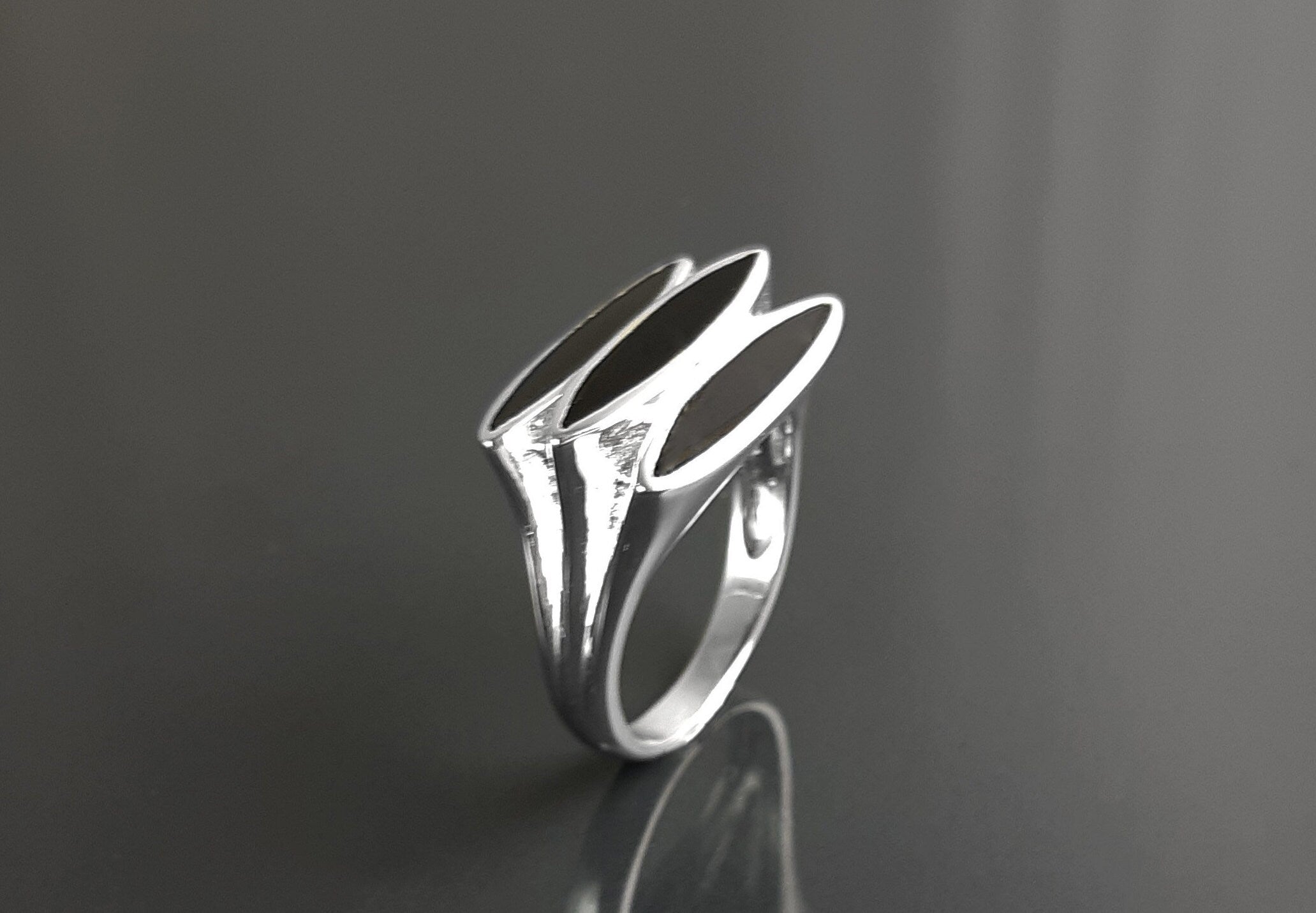 Sterling Silver Black Onyx Geometric Ring, Modern Design
