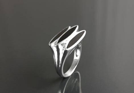 Sterling Silver Black Onyx Geometric Ring, Modern Design