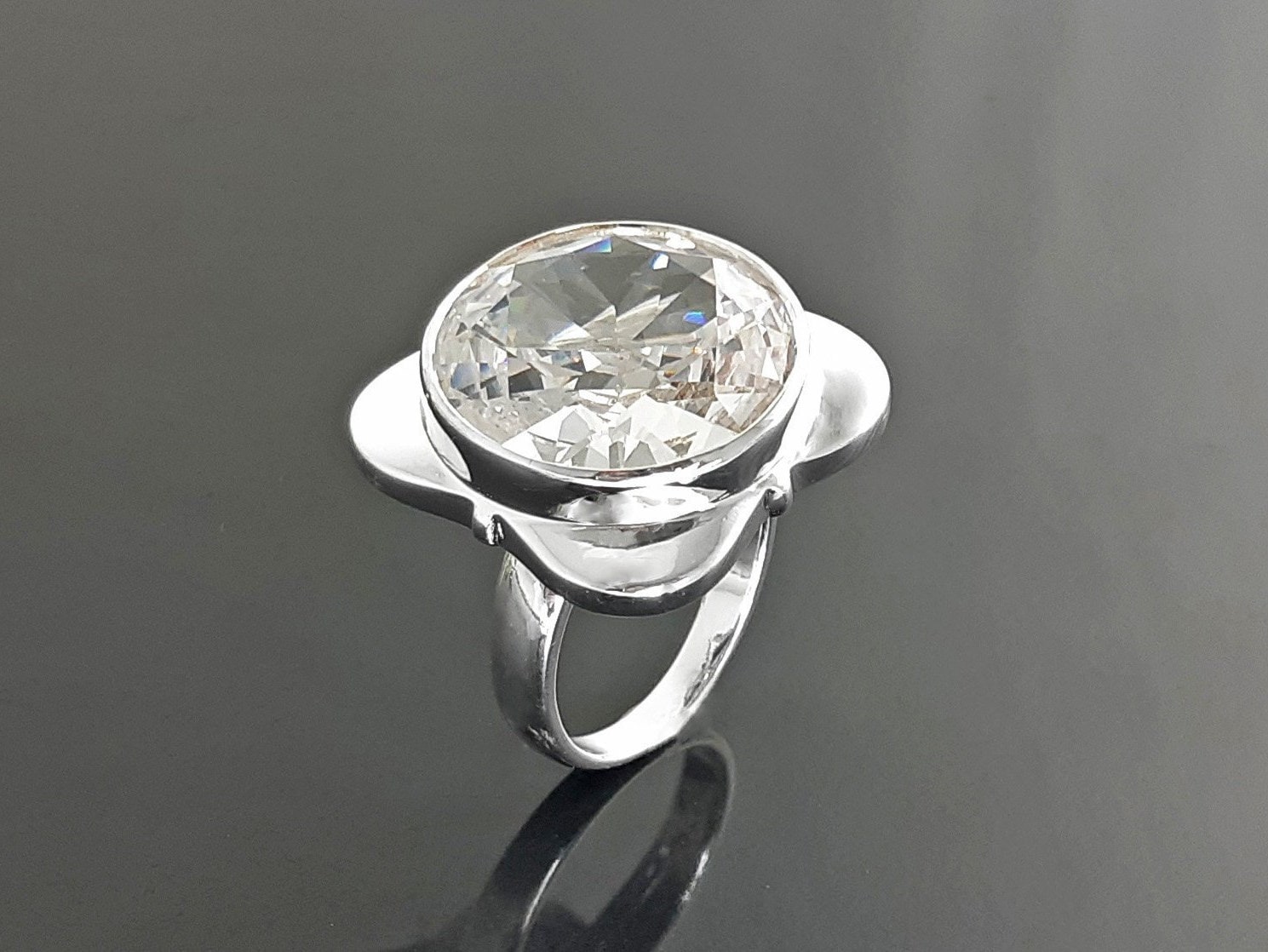 Statement Square Ring, Sterling Silver Ring, Unique Statement Silver Ring, Four-Leaf Clover Ring, set with a Majestic White, Cubic Zirconia.