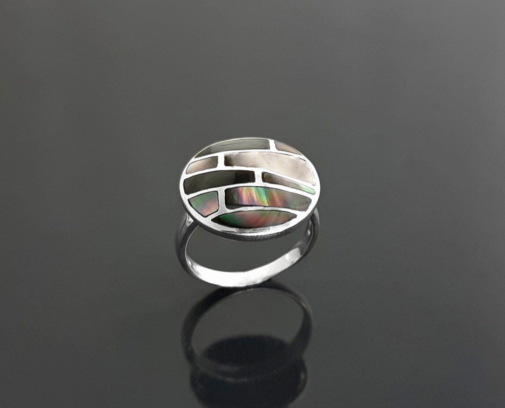 Sterling Silver Mosaic Ring, Grey Paua Shell, White Mother of Pearl, Geometric Jewelry