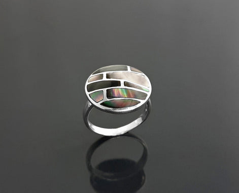 Sterling Silver Mosaic Ring, Grey Paua Shell, White Mother of Pearl, Geometric Jewelry