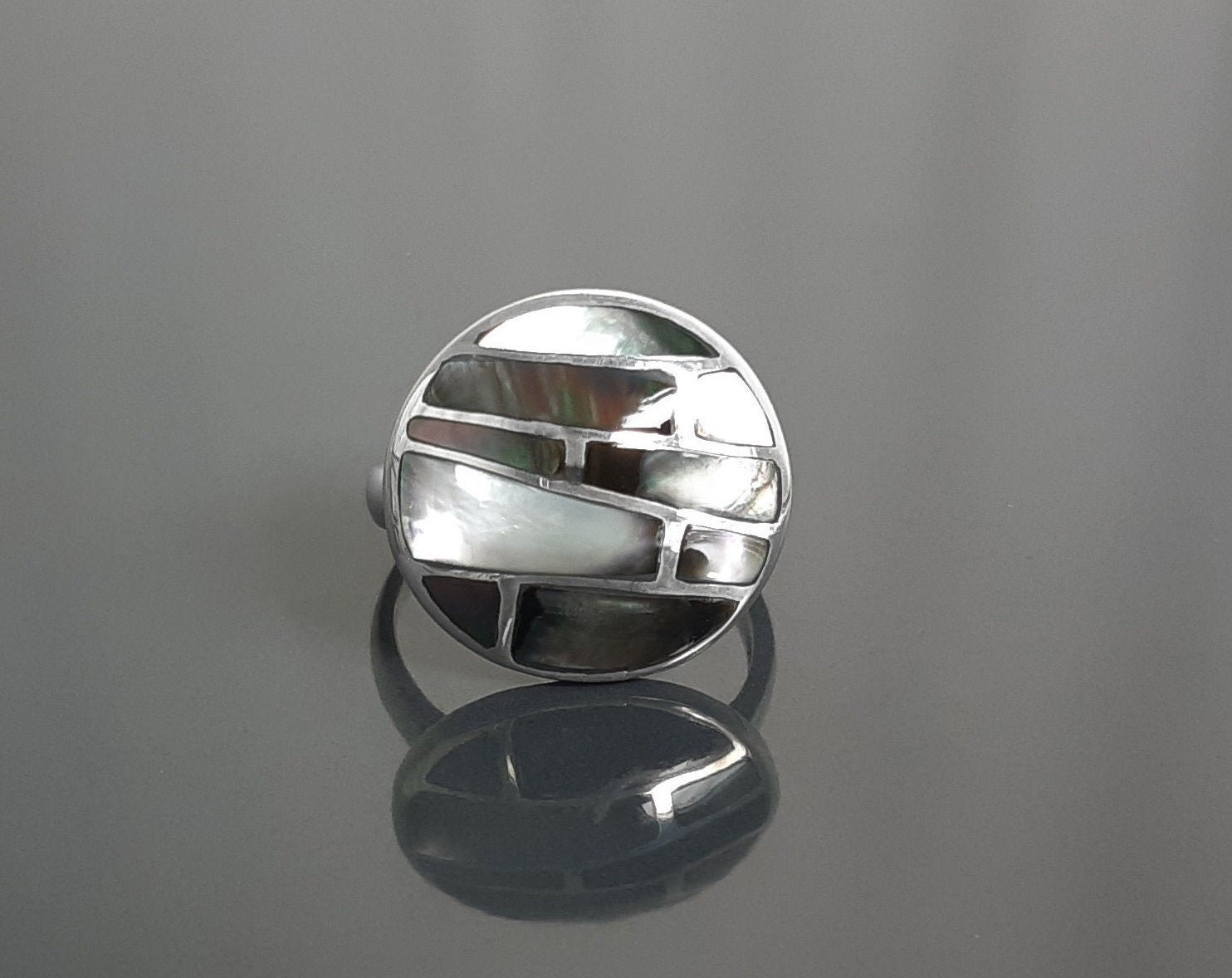 Sterling Silver Mosaic Ring, Grey Paua Shell, White Mother of Pearl, Geometric Jewelry