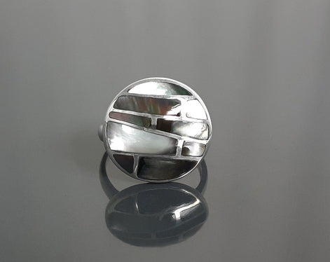 Sterling Silver Mosaic Ring, Grey Paua Shell, White Mother of Pearl, Geometric Jewelry