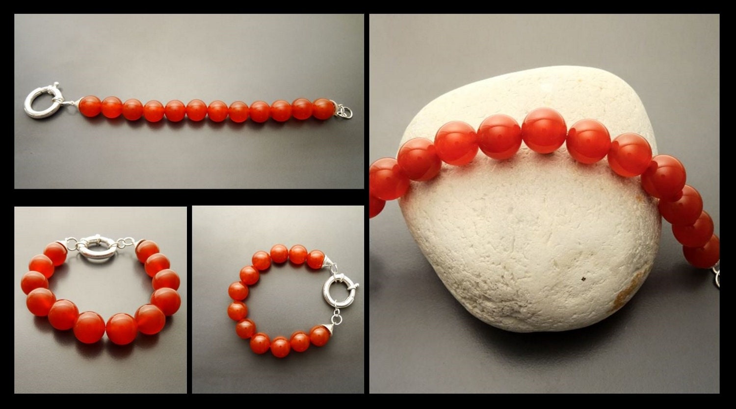 Red Stone Bracelet, Sterling Silver Clasp, Red Agate Stones, Beaded Ball Bracelet, 10 mm diameter balls, Women Round Bracelet.