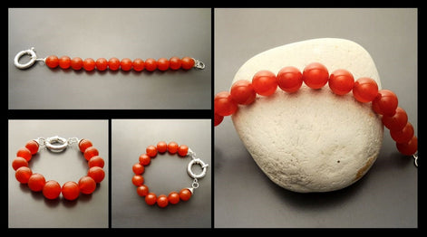 Red Stone Bracelet, Sterling Silver Clasp, Red Agate Stones, Beaded Ball Bracelet, 10 mm diameter balls, Women Round Bracelet.
