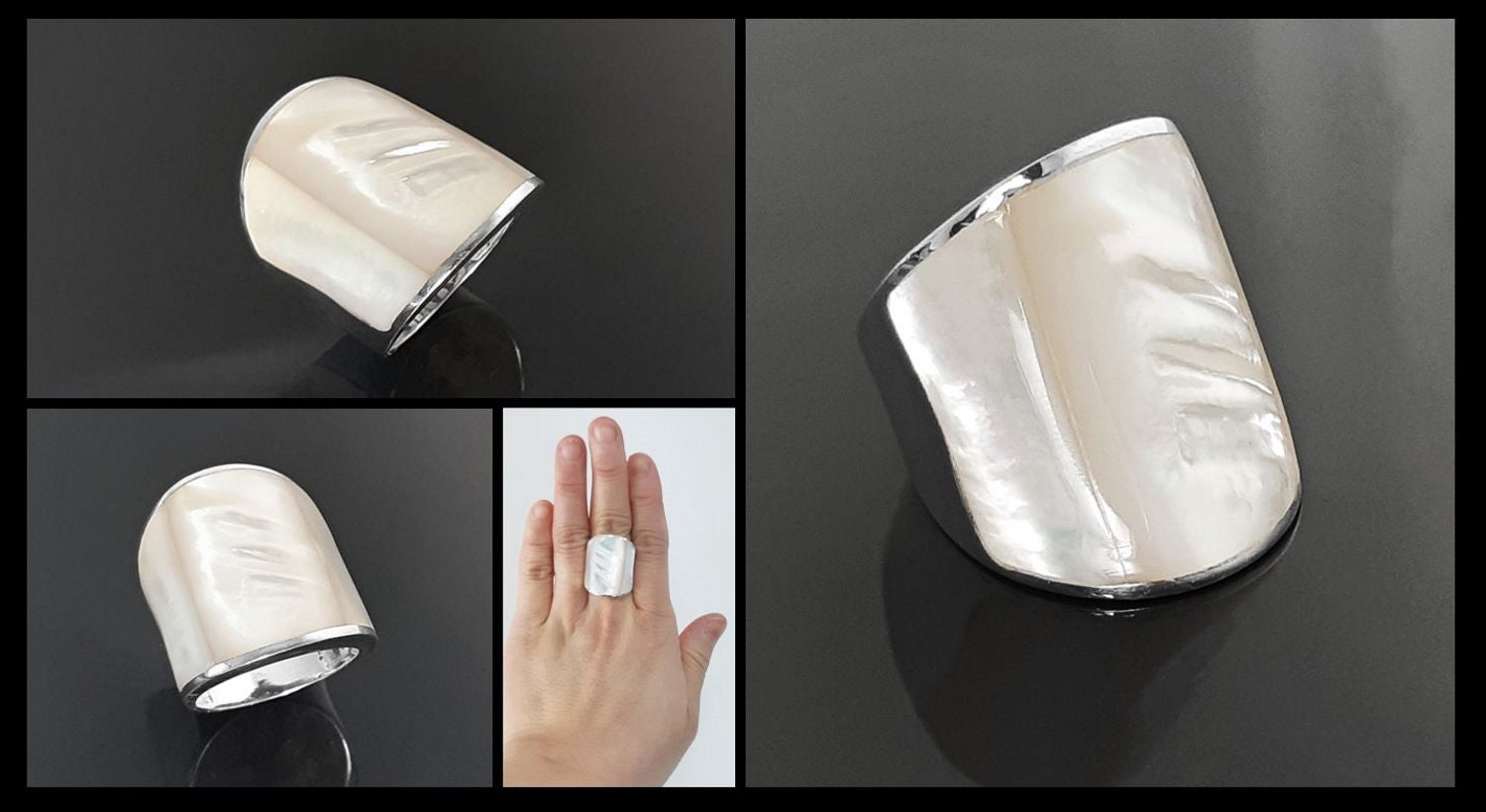 Statement Cuff Ring Sterling Silver genuine White Mother of Pearl Finger Armor Wide Ring 3 Pieces of White Pearl Shell MOP Large Ring