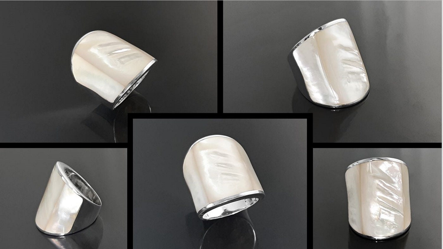 Statement Cuff Ring Sterling Silver genuine White Mother of Pearl Finger Armor Wide Ring 3 Pieces of White Pearl Shell MOP Large Ring