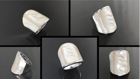Statement Cuff Ring Sterling Silver genuine White Mother of Pearl Finger Armor Wide Ring 3 Pieces of White Pearl Shell MOP Large Ring