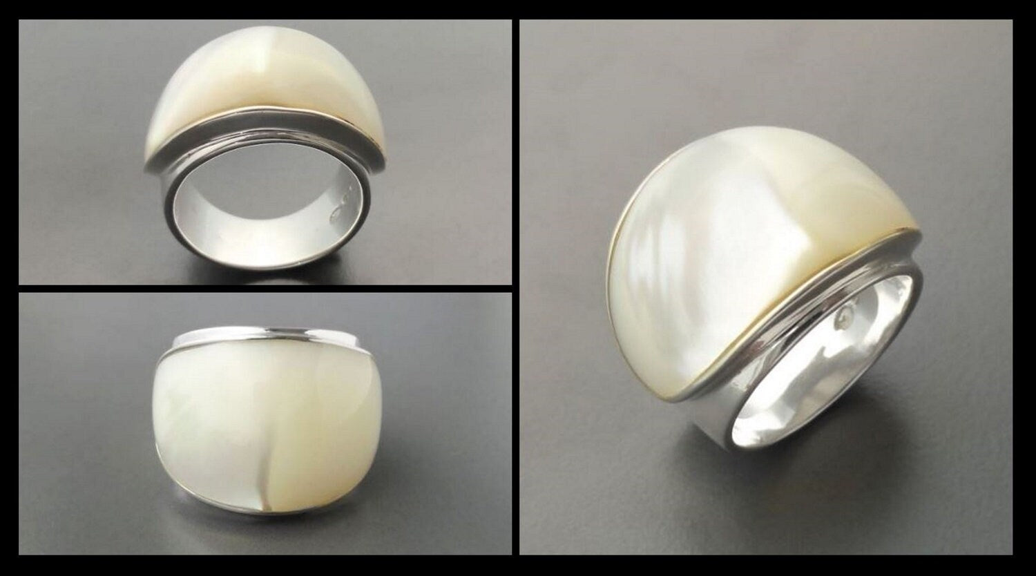 White MOP Wide Ring - Sterling Silver 925 - Mother of Pearl - Boho Ring - White shell - Large Silver Ring - Genuine MOP. Small Size Ring.
