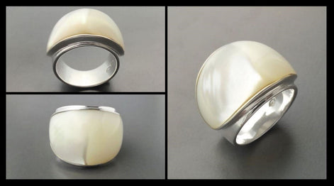 White MOP Wide Ring - Sterling Silver 925 - Mother of Pearl - Boho Ring - White shell - Large Silver Ring - Genuine MOP. Small Size Ring.