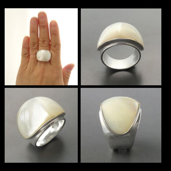 White MOP Wide Ring - Sterling Silver 925 - Mother of Pearl - Boho Ring - White shell - Large Silver Ring - Genuine MOP. Small Size Ring.