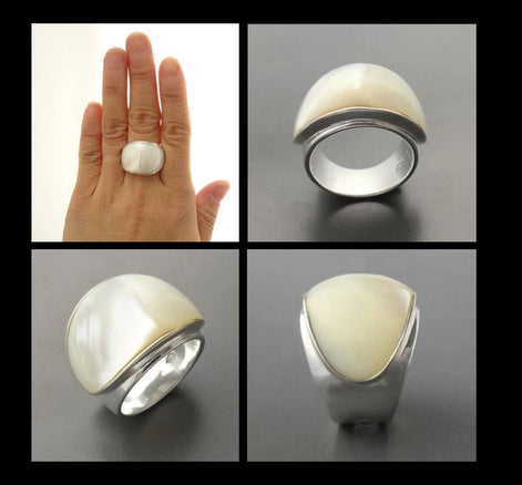 White MOP Wide Ring - Sterling Silver 925 - Mother of Pearl - Boho Ring - White shell - Large Silver Ring - Genuine MOP. Small Size Ring.