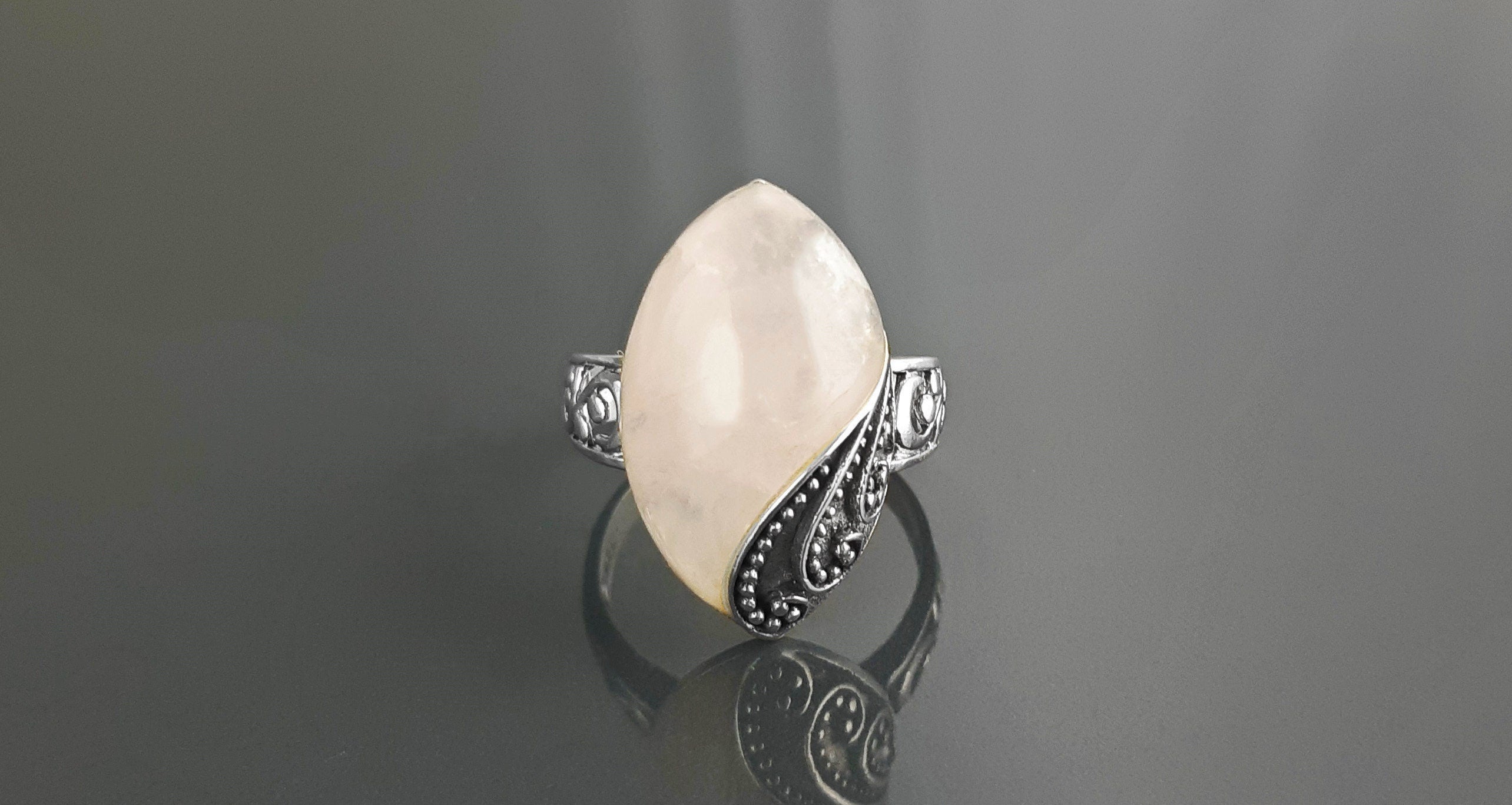 Antique Quartz Ring, Sterling Silver, NATURAL Rose Quartz, Pink Stone, Filigree Design, Almond Oval Ring, Quartz Birthstone Jewelry