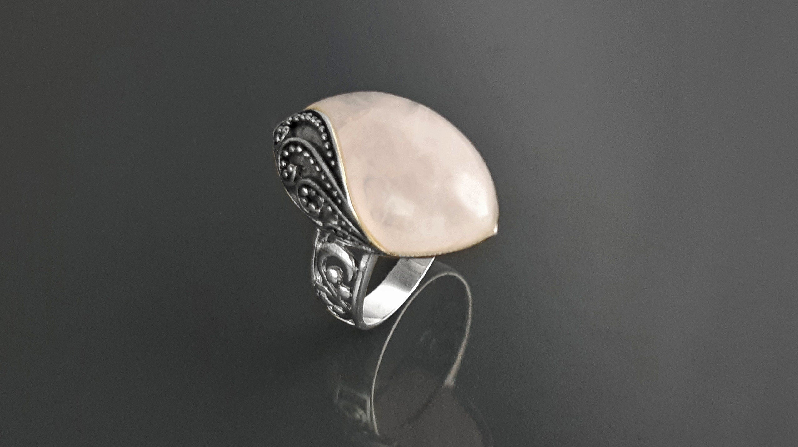 Antique Quartz Ring, Sterling Silver, NATURAL Rose Quartz, Pink Stone, Filigree Design, Almond Oval Ring, Quartz Birthstone Jewelry