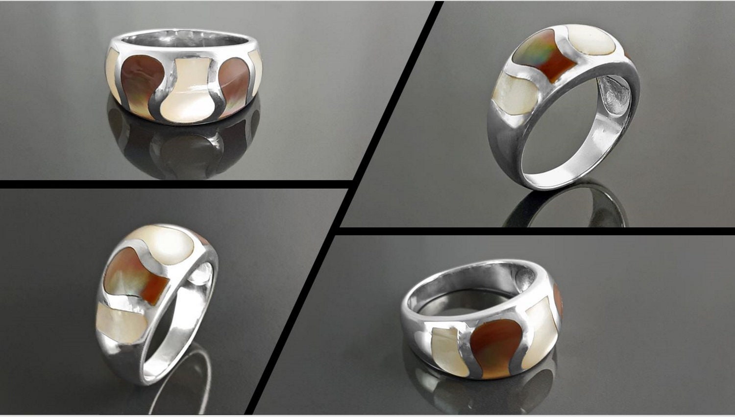 Beautiful MOP Wave Ring, Two Colors Shell Band Ring, Silver Ring, 925 Sterling Silver, Large Ring, Domed Silver Ring, Mother of Pearl.