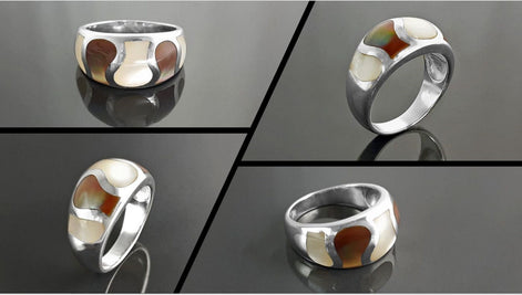 Beautiful MOP Wave Ring, Two Colors Shell Band Ring, Silver Ring, 925 Sterling Silver, Large Ring, Domed Silver Ring, Mother of Pearl.