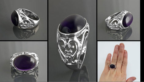 boho amethyst ring, sterling silver, genuine purple amethyst stone ring, vintage art nouveau jewelry art deco