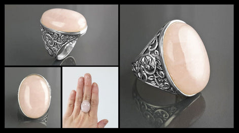 NATURAL Pink Quartz 925 Ring, Sterling Silver, Oval Rose Quartz Stone Gemstone, Vintage Baroque Medieval Romantic Design Jewelry By KRAMIKE