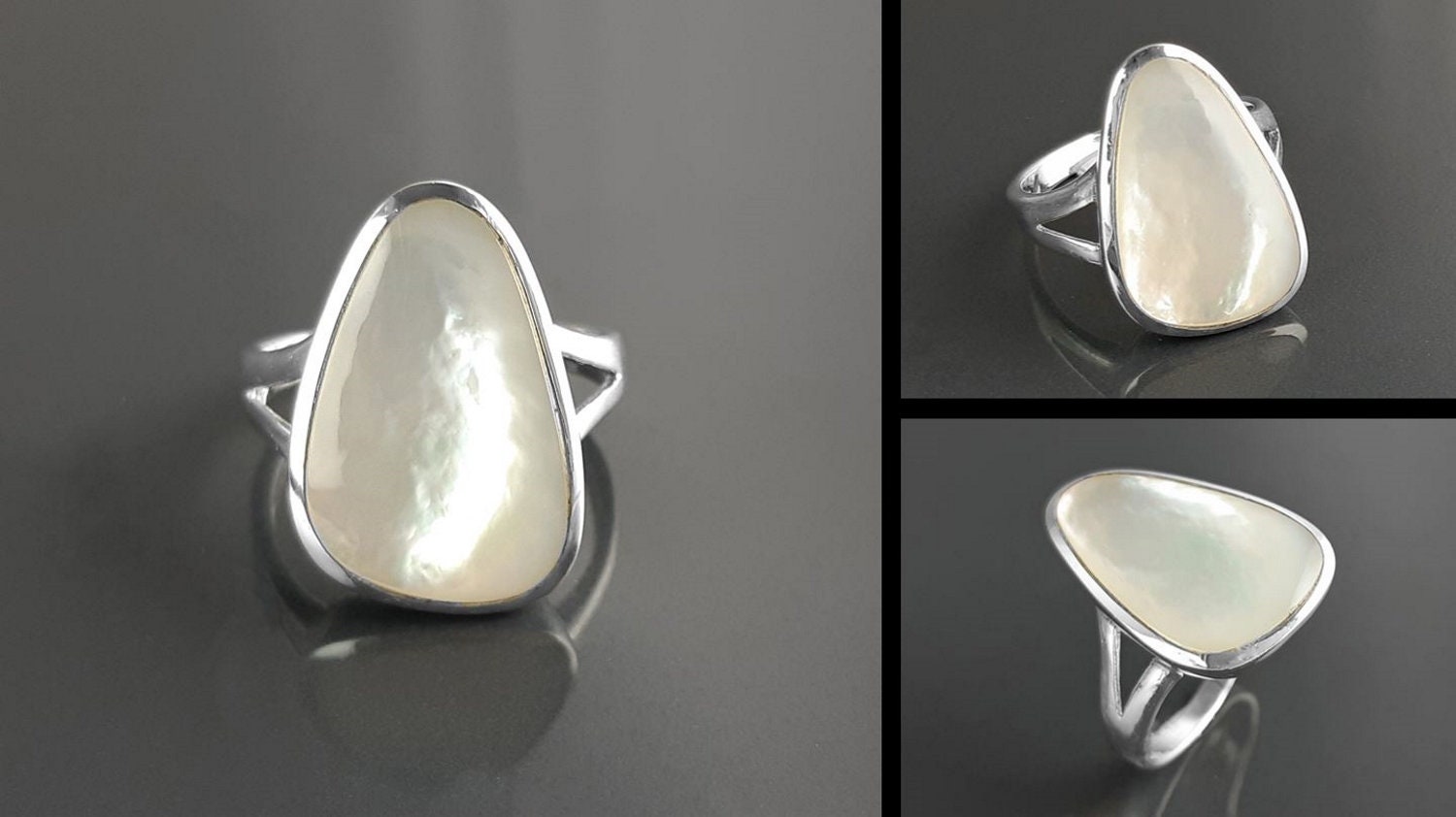 White Delta Ring 925 Sterling Silver, Mother of Pearl Shell Minimalist White Stone Ring, Geometric Triangle Designed Ring, Delta Ring