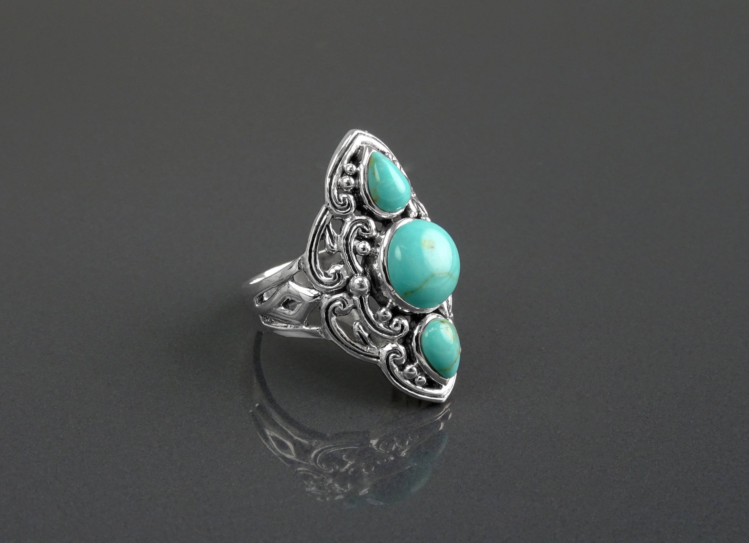 Sterling Silver Triple Turquoise Stone Ring, Ethnic Boho Chic Statement Jewelry