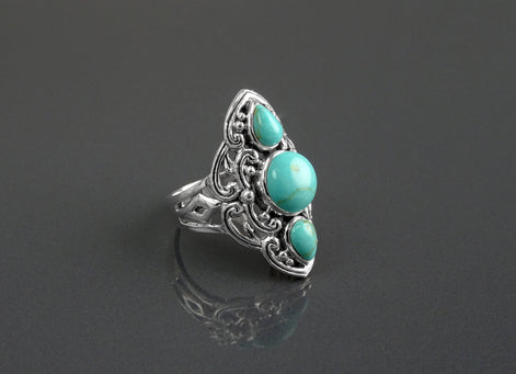 Sterling Silver Triple Turquoise Stone Ring, Ethnic Boho Chic Statement Jewelry