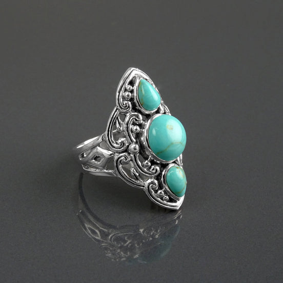 Sterling Silver Triple Turquoise Stone Ring, Ethnic Boho Chic Statement Jewelry