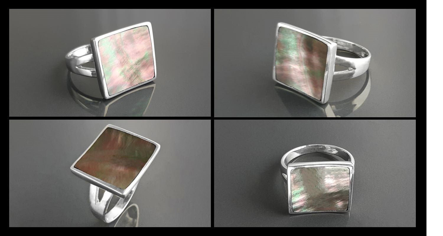 Square Ring, Sterling Silver, Curved Square Stone Ring, Genuine Grey Paua Shell jewelry, Modern Geometric Ring, Rainbow Color, Gray