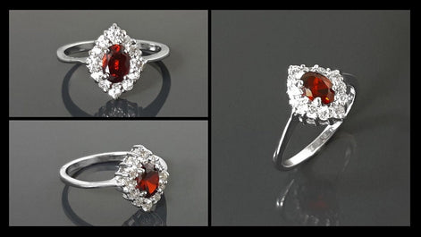 Red Ruby CZ Sterling Silver Marquise Ring, Cluster Engagement Ring