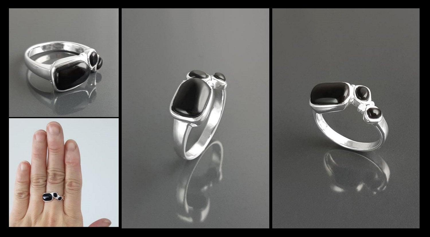 925 Sterling Silver Black Onyx Geometric Ring, Modern Gemstone Band Handmade, 3 Black Onyx Stones on a Ring