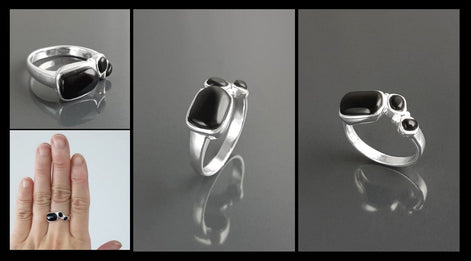 925 Sterling Silver Black Onyx Geometric Ring, Modern Gemstone Band Handmade, 3 Black Onyx Stones on a Ring