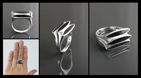 Sterling Silver Black Onyx Geometric Ring, Modern Design
