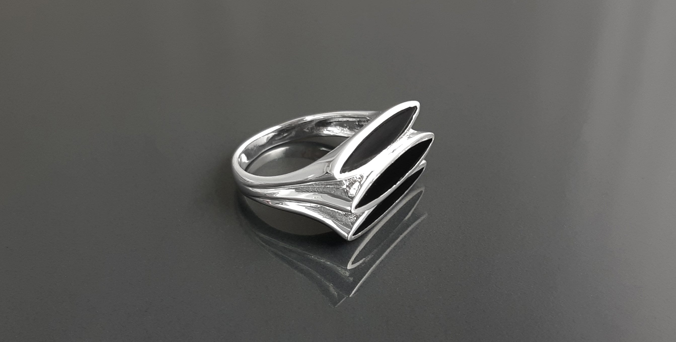 Sterling Silver Black Onyx Geometric Ring, Modern Design