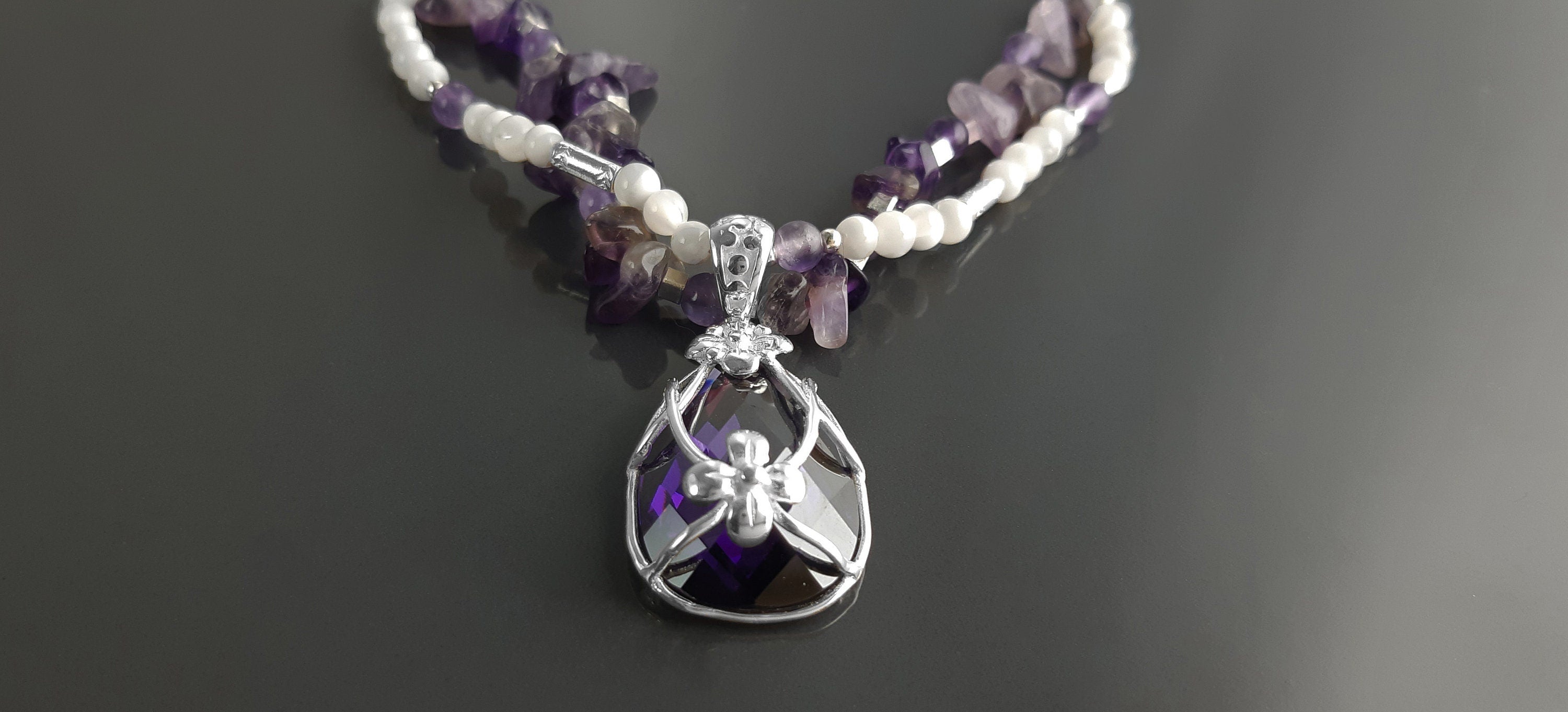 Amethyst Necklace, Sterling Silver, Genuine Raw Amethyst Stones, Shell Pearls Strands, Purple Cz Stone Flower Pendant, Mother's Day Gift