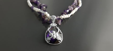 Amethyst Necklace, Sterling Silver, Genuine Raw Amethyst Stones, Shell Pearls Strands, Purple Cz Stone Flower Pendant, Mother's Day Gift