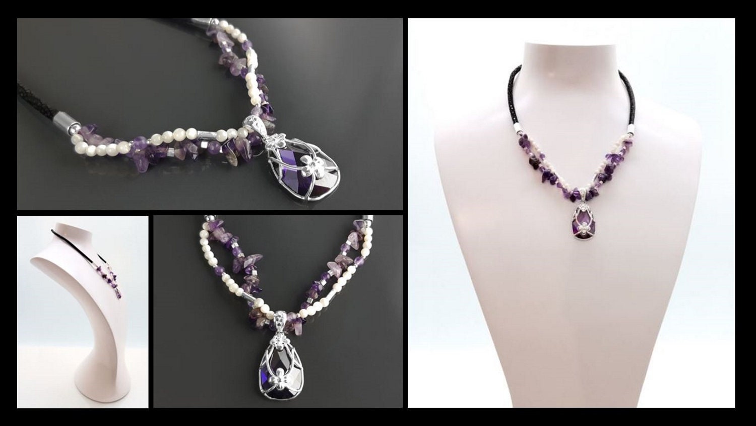 Amethyst Necklace, Sterling Silver, Genuine Raw Amethyst Stones, Shell Pearls Strands, Purple Cz Stone Flower Pendant, Mother's Day Gift