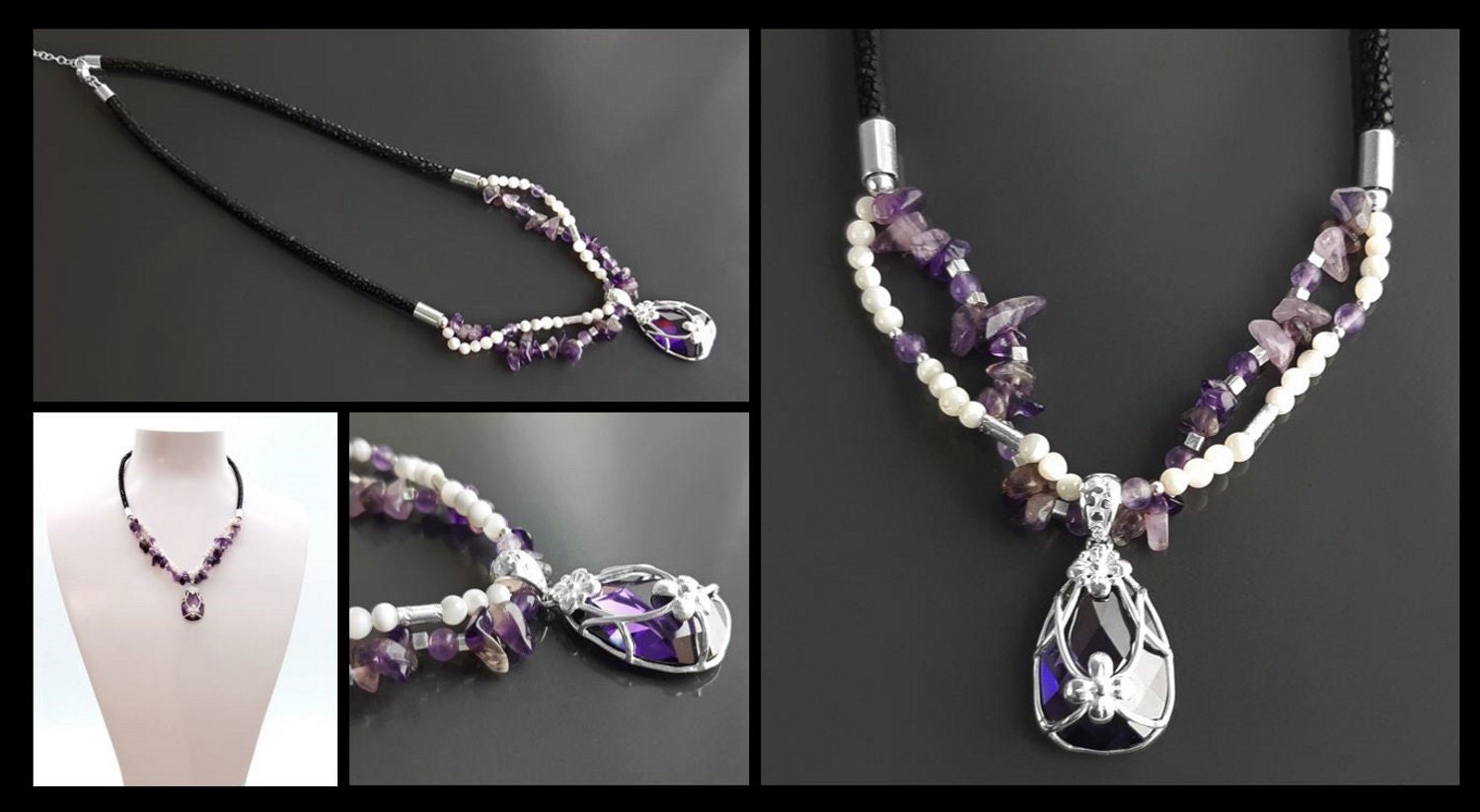 Amethyst Necklace, Sterling Silver, Genuine Raw Amethyst Stones, Shell Pearls Strands, Purple Cz Stone Flower Pendant, Mother's Day Gift