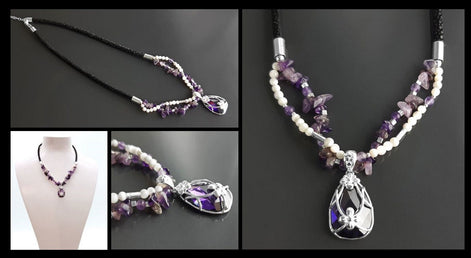 Amethyst Necklace, Sterling Silver, Genuine Raw Amethyst Stones, Shell Pearls Strands, Purple Cz Stone Flower Pendant, Mother's Day Gift