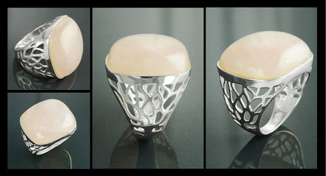 Pink Square Ring, Sterling Silver, NATURAL Rose Quartz Stone, Modern Statement Crystal Gemstone Ring, Bold Filigree Design Jewelry, Gift
