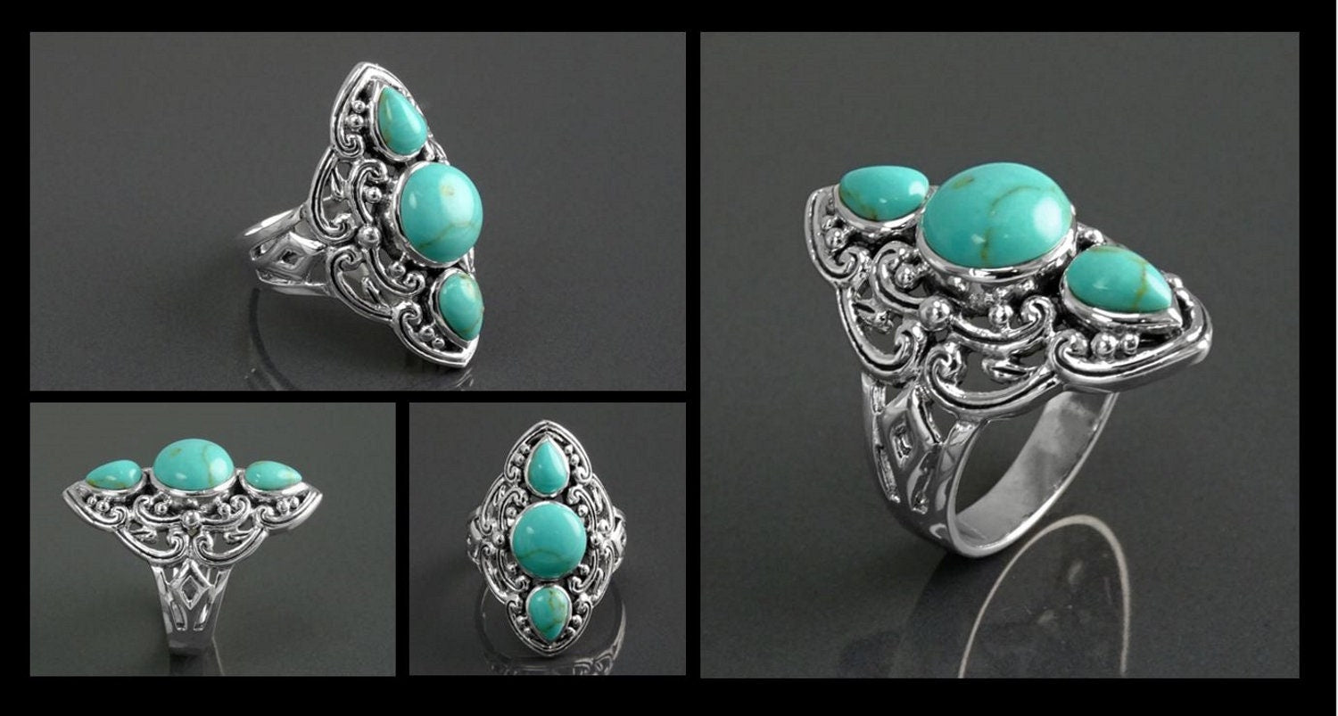 Sterling Silver Triple Turquoise Stone Ring, Ethnic Boho Chic Statement Jewelry