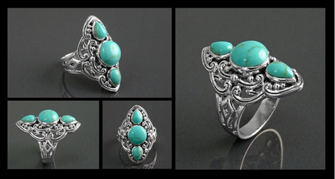 Sterling Silver Triple Turquoise Stone Ring, Ethnic Boho Chic Statement Jewelry