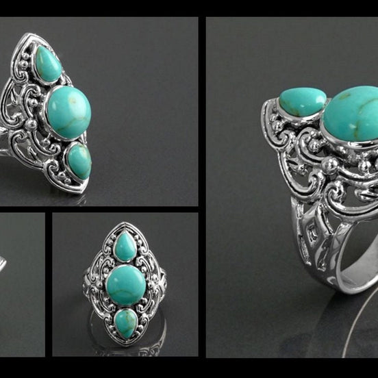 Sterling Silver Triple Turquoise Stone Ring, Ethnic Boho Chic Statement Jewelry