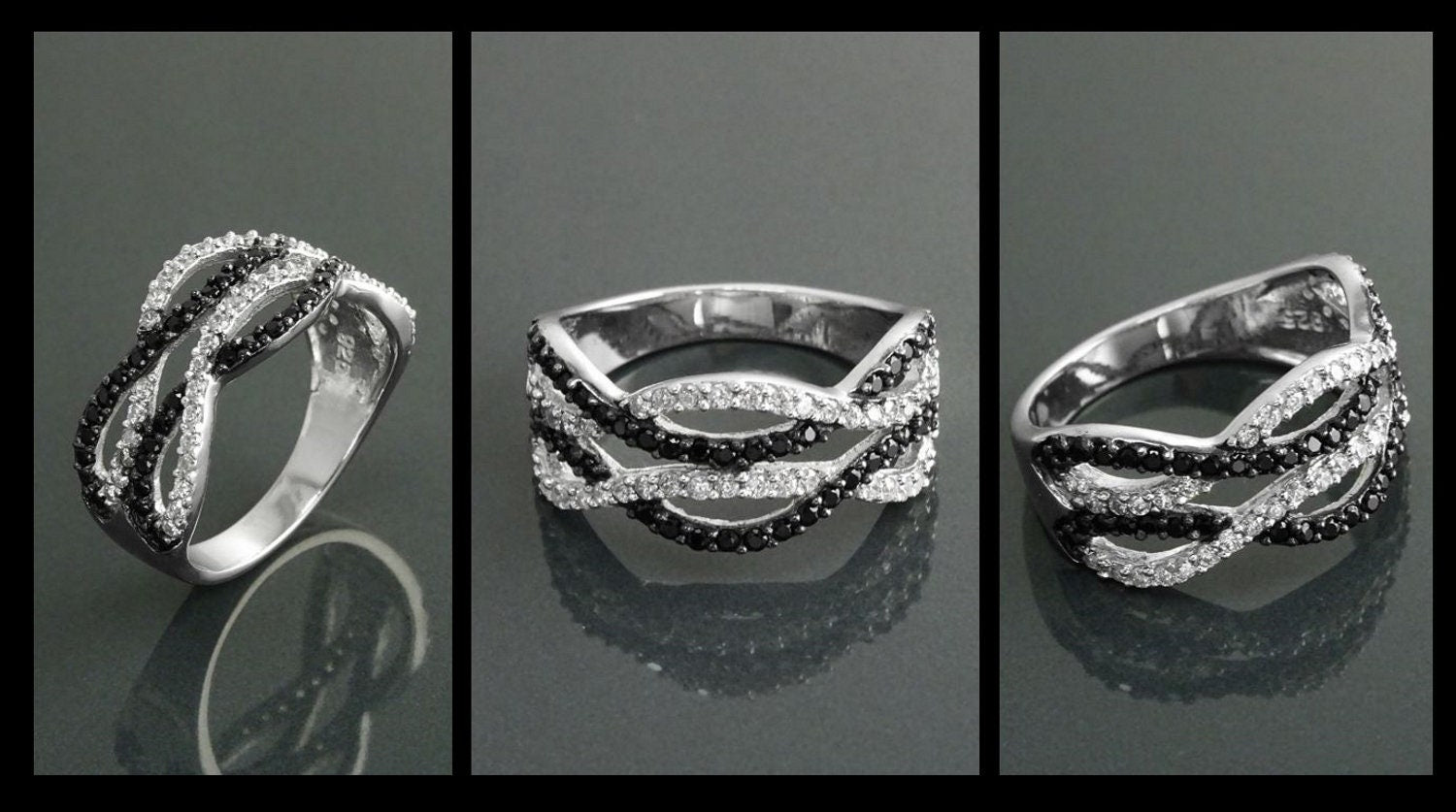 Sterling Silver Intertwined Waves Ring, Black White CZ Stones, Cocktail Ring